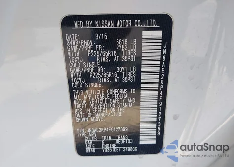 2015 Nissan Quest Sv из США, поврежденный, VIN JN8AE2KP4F9127399